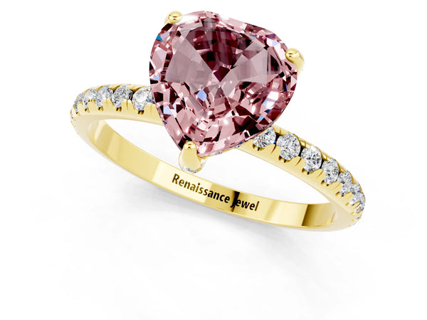 Yellow gold Heart Cut Diamond Solitaire Ring with Four-Prong Setting and Pavé Band