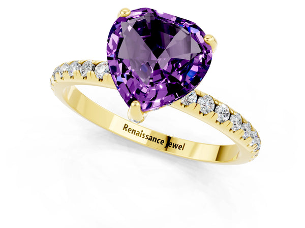 Yellow gold Heart Cut Amethyst Hidden Halo Engagement Ring with Round Pavé Band and Prong Setting