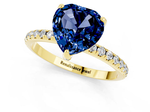 Yellow gold Heart Cut Diamond Solitaire Ring with Four-Prong Setting and Pavé Band_1