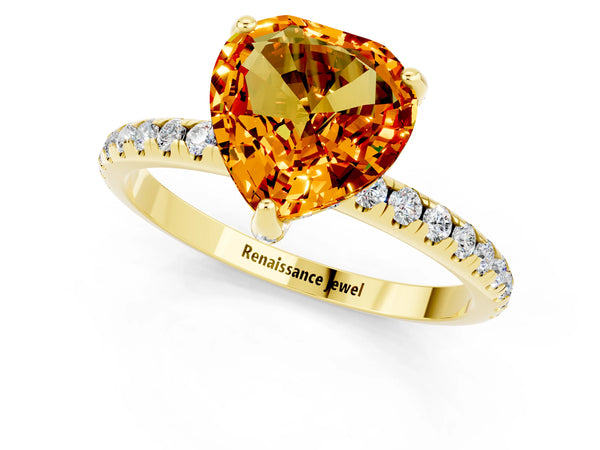 Yellow gold Heart Cut Citrine Hidden Halo Engagement Ring with Round Pavé Band and Prong Setting