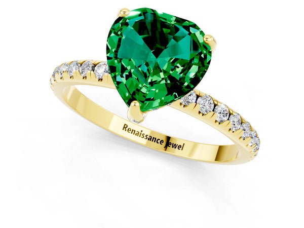 Yellow gold Heart Cut Emerald Hidden Halo Engagement Ring with Round Pavé Band and Prong Setting