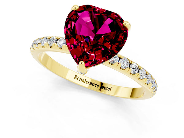Yellow gold Heart Cut Garnet Hidden Halo Engagement Ring with Round Pavé Band and Prong Setting