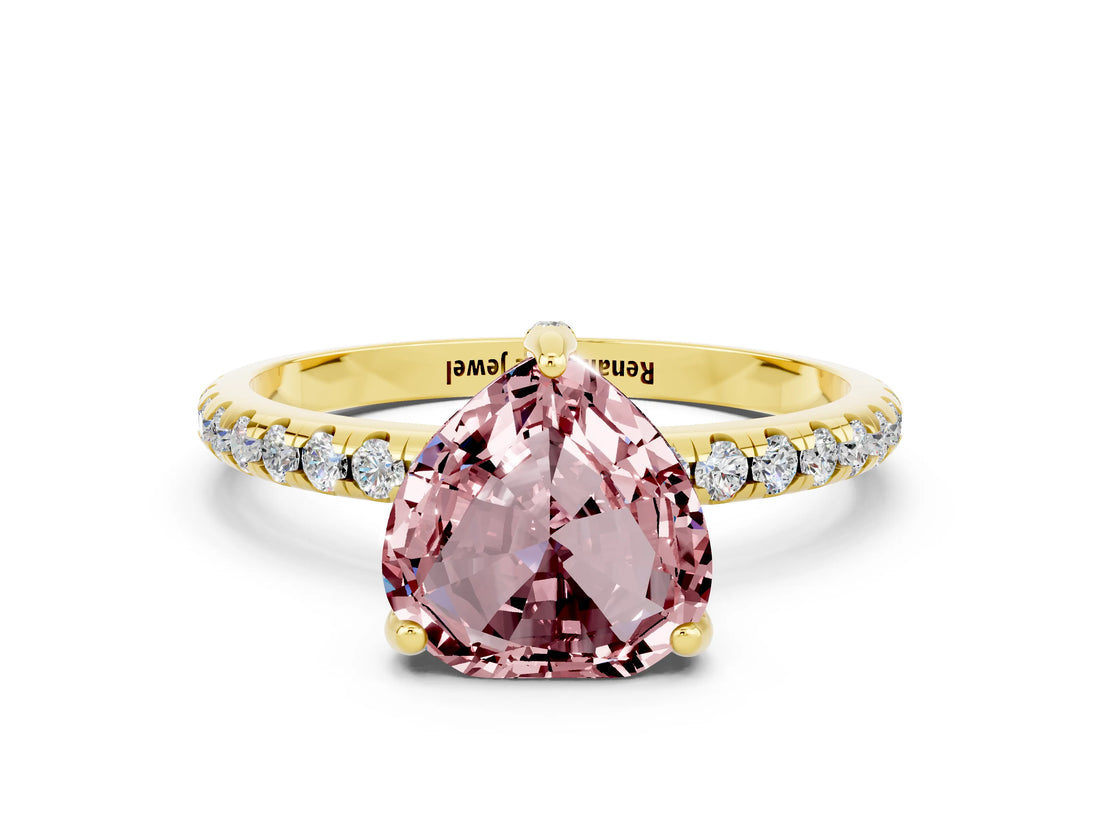 Yellow gold Heart Cut Diamond Solitaire Ring with Four-Prong Setting and Pavé Band