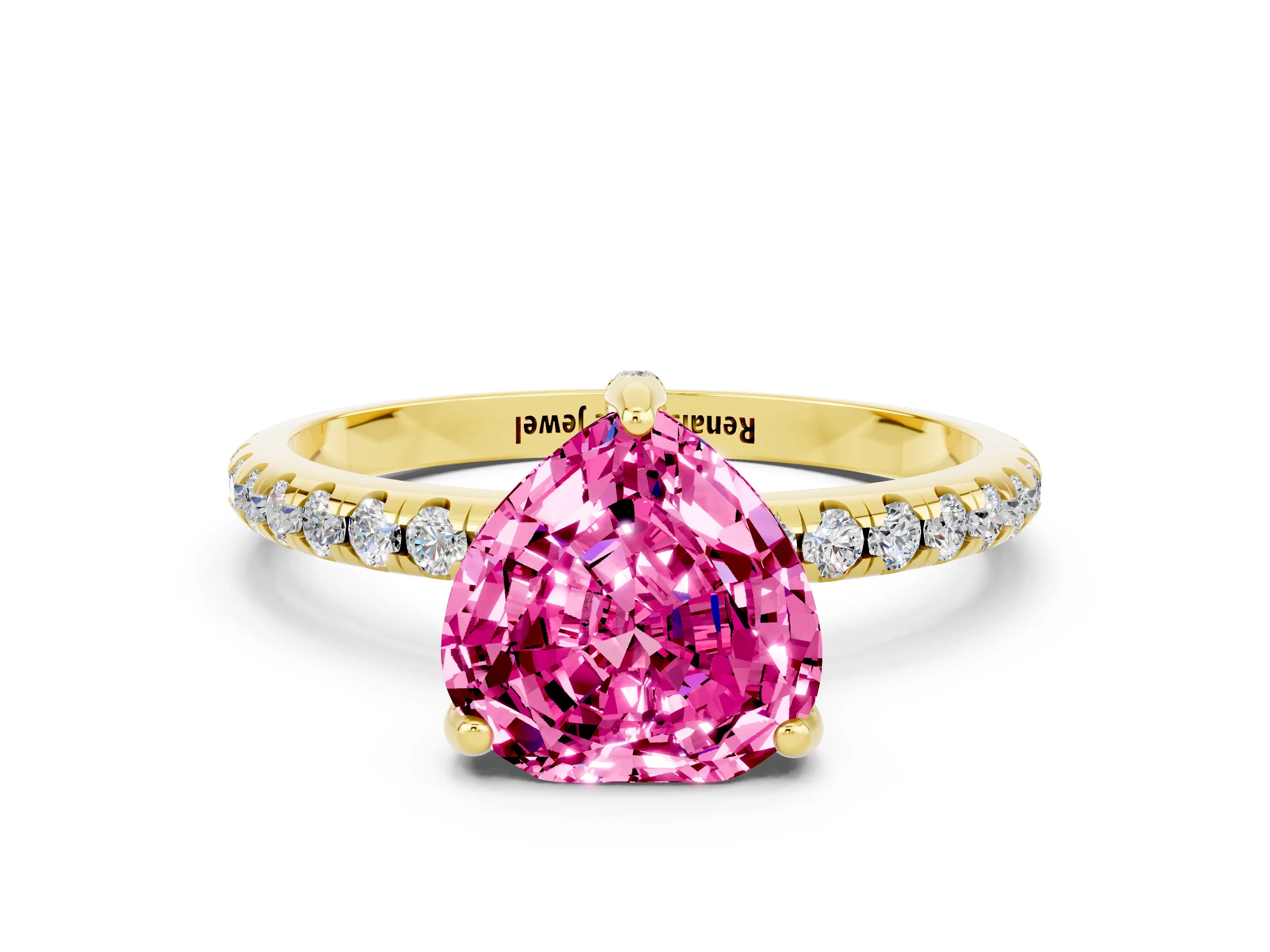 Yellow gold Heart Cut Diamond Solitaire Ring with Four-Prong Setting and Pavé Band