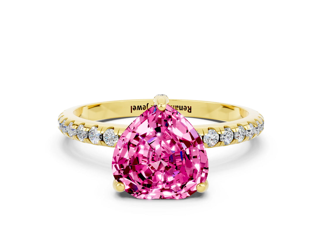 Yellow gold Heart Cut Diamond Solitaire Ring with Four-Prong Setting and Pavé Band