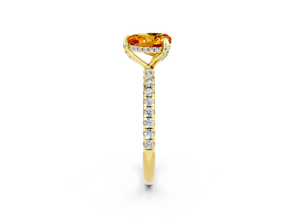 Yellow gold Heart Cut Citrine Hidden Halo Engagement Ring with Round Pavé Band and Prong Setting
