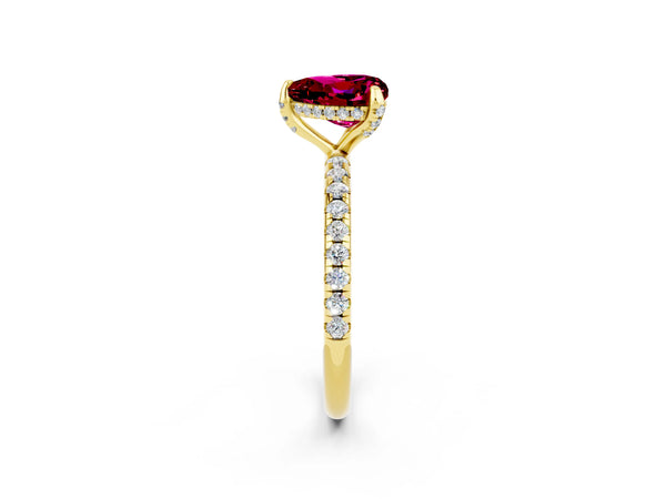 Yellow gold Heart Cut Garnet Hidden Halo Engagement Ring with Round Pavé Band and Prong Setting