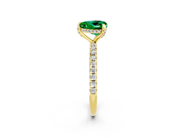 Yellow gold Heart Cut Emerald Hidden Halo Engagement Ring with Round Pavé Band and Prong Setting