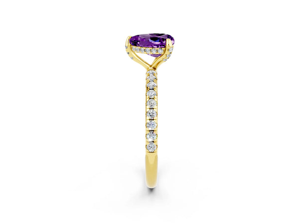 Yellow gold Heart Cut Amethyst Hidden Halo Engagement Ring with Round Pavé Band and Prong Setting