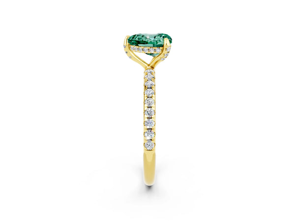 Yellow gold Heart Cut Green Sapphire Hidden Halo Engagement Ring with Round Pavé Band and Prong Setting