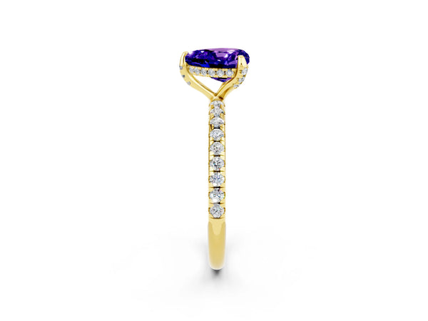 Yellow gold Heart Cut Tanzanite Hidden Halo Engagement Ring with Round Pavé Band and Prong Setting