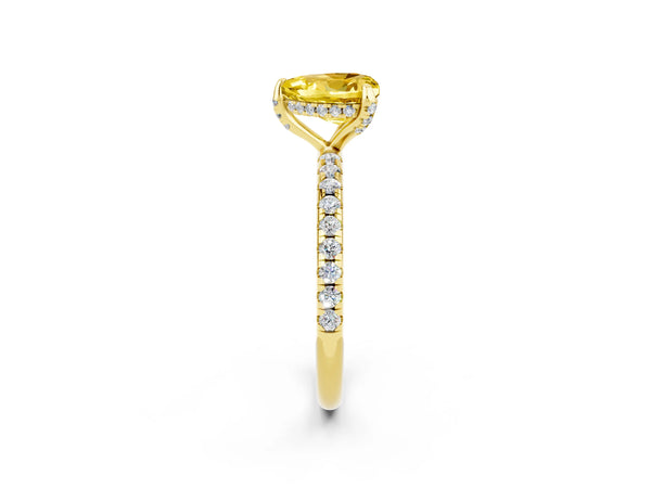 Yellow gold Heart Cut Yellow Sapphire Hidden Halo Engagement Ring with Round Pavé Band and Prong Setting