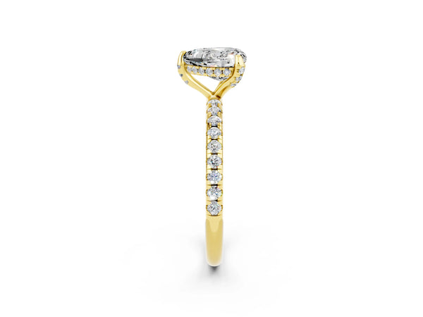 Yellow gold Heart Cut Moissanite Hidden Halo Engagement Ring with Round Pavé Band and Prong Setting
