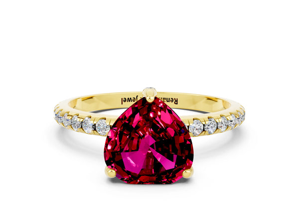Yellow gold Heart Cut Garnet Hidden Halo Engagement Ring with Round Pavé Band and Prong Setting