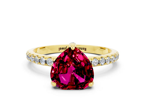Yellow gold Heart Cut Diamond Solitaire Ring with Four-Prong Setting and Pavé Band