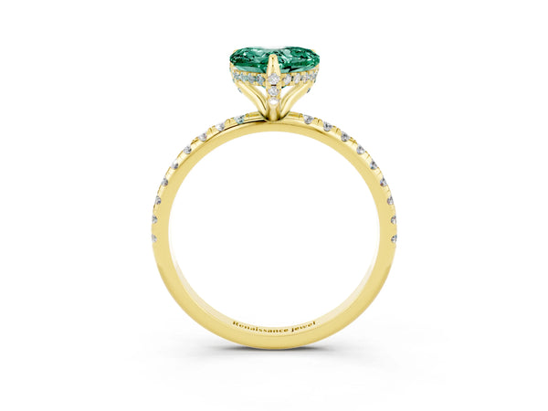 Yellow gold Heart Cut Green Sapphire Hidden Halo Engagement Ring with Round Pavé Band and Prong Setting