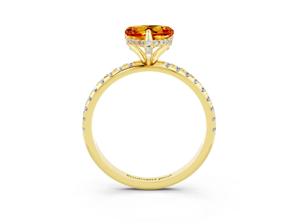 Yellow gold Heart Cut Citrine Hidden Halo Engagement Ring with Round Pavé Band and Prong Setting