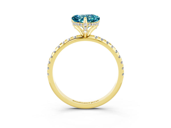 Yellow gold Heart Cut Diamond Solitaire Ring with Four-Prong Setting and Pavé Band