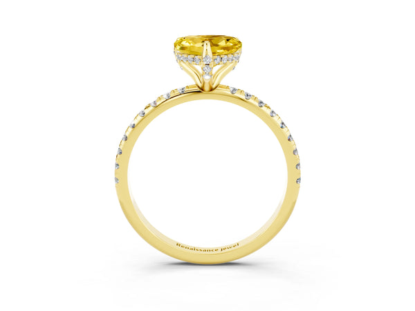 Yellow gold Heart Cut Yellow Sapphire Hidden Halo Engagement Ring with Round Pavé Band and Prong Setting