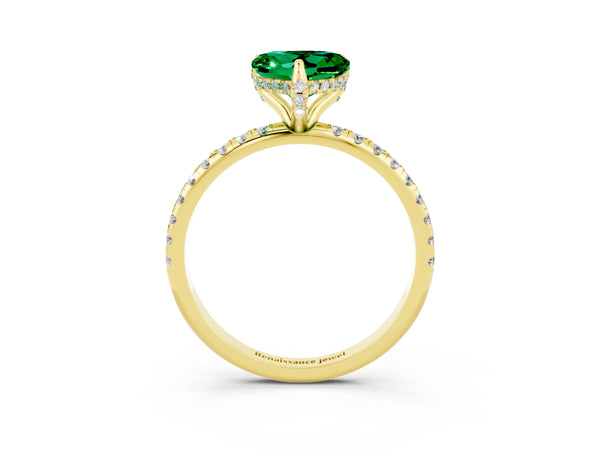 Yellow gold Heart Cut Emerald Hidden Halo Engagement Ring with Round Pavé Band and Prong Setting