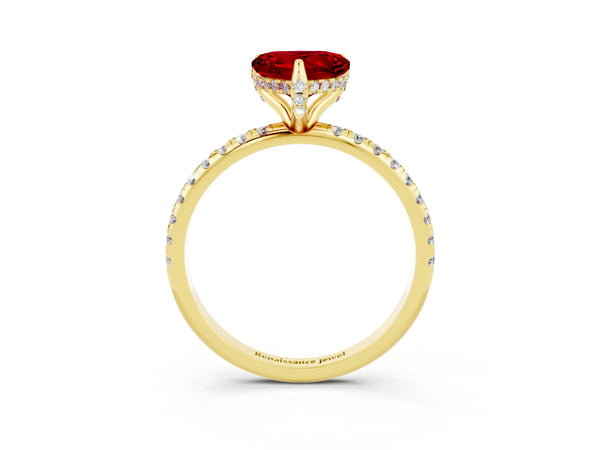 Yellow gold Heart Cut Diamond Solitaire Ring with Four-Prong Setting and Pavé Band