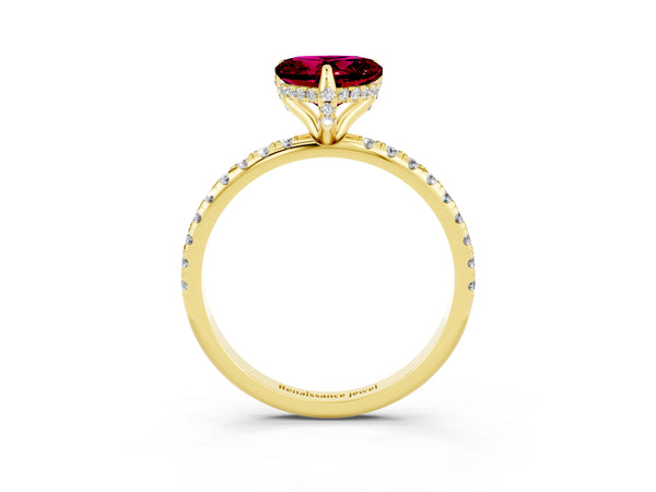 Yellow gold Heart Cut Garnet Hidden Halo Engagement Ring with Round Pavé Band and Prong Setting