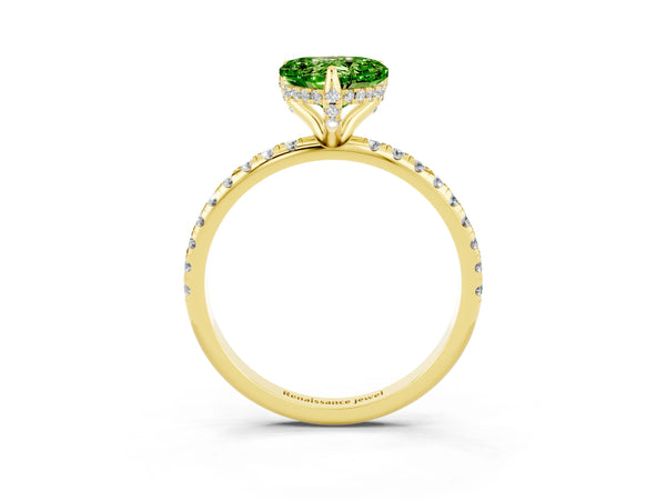 Yellow gold Heart Cut Diamond Solitaire Ring with Four-Prong Setting and Pavé Band