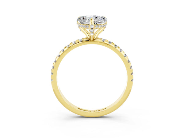 Yellow gold Heart Cut Moissanite Hidden Halo Engagement Ring with Round Pavé Band and Prong Setting