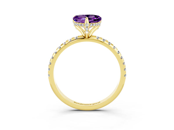 Yellow gold Heart Cut Amethyst Hidden Halo Engagement Ring with Round Pavé Band and Prong Setting