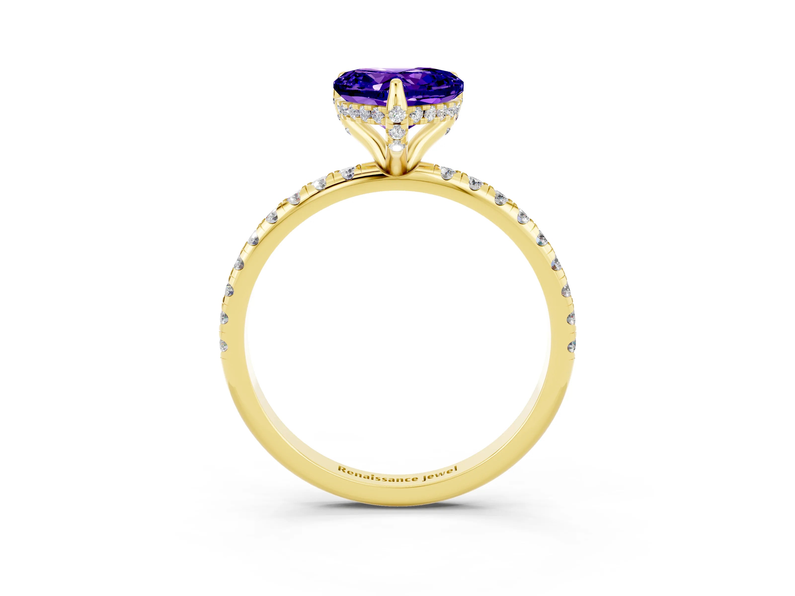 Yellow gold Heart Cut Diamond Solitaire Ring with Four-Prong Setting and Pavé Band_3