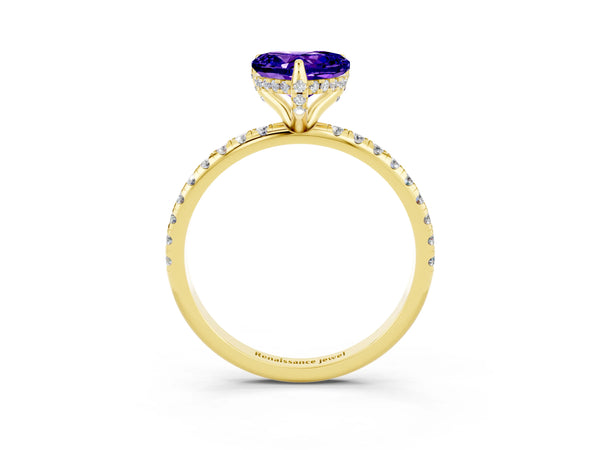 Yellow gold Heart Cut Tanzanite Hidden Halo Engagement Ring with Round Pavé Band and Prong Setting
