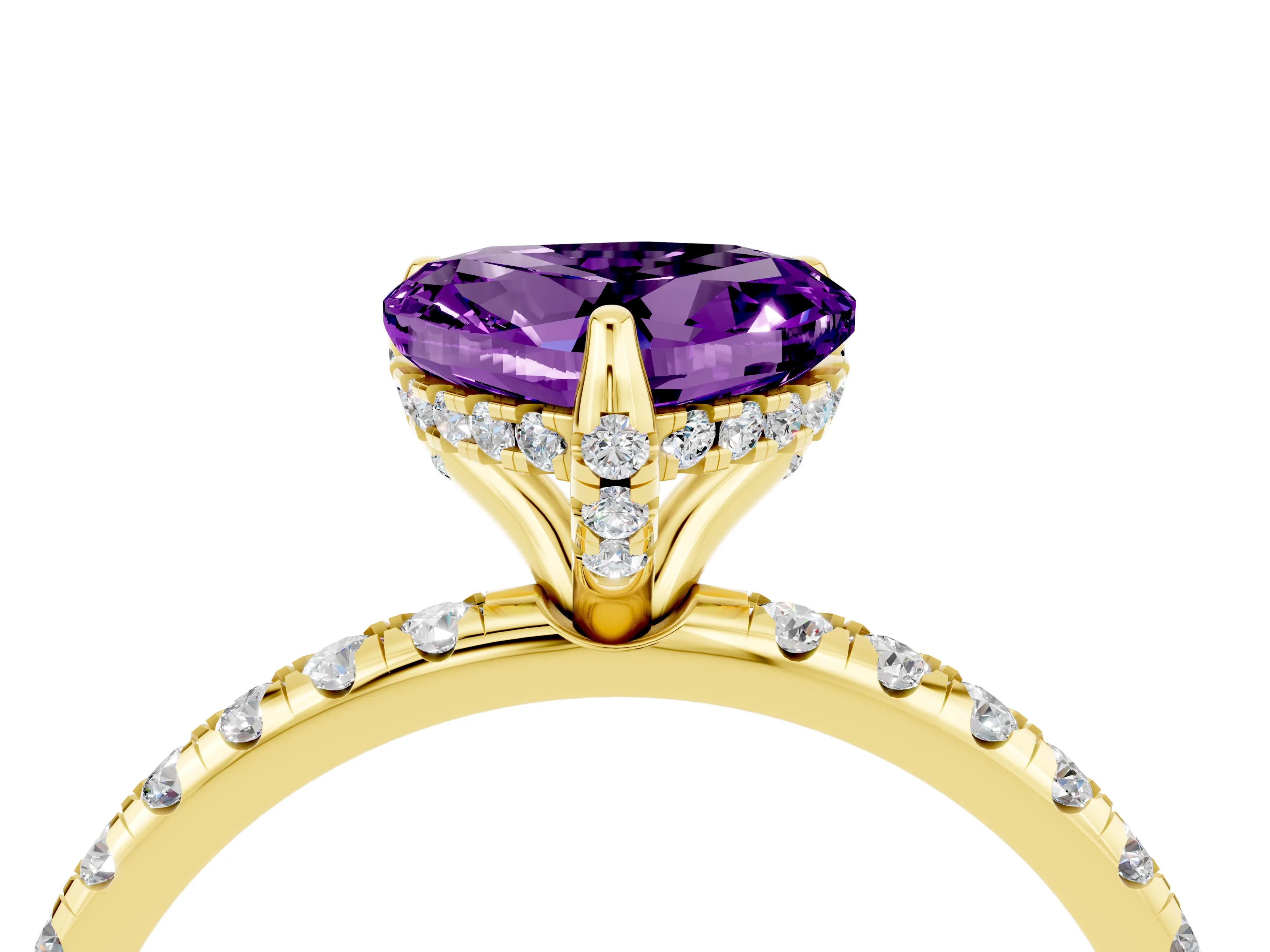 Yellow gold Heart Cut Diamond Solitaire Ring with Four-Prong Setting and Pavé Band_4