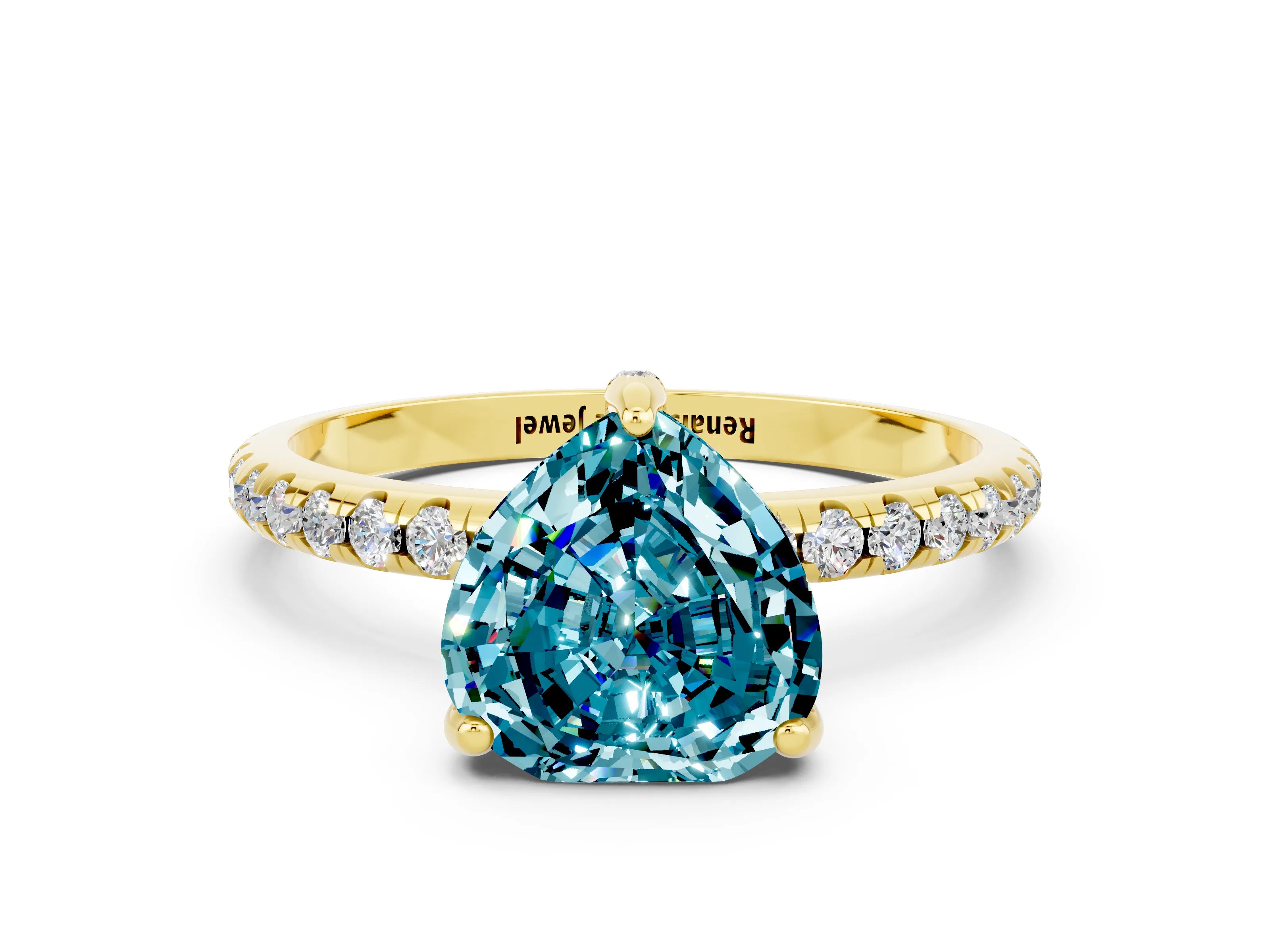 Yellow gold Heart Cut Diamond Solitaire Ring with Four-Prong Setting and Pavé Band