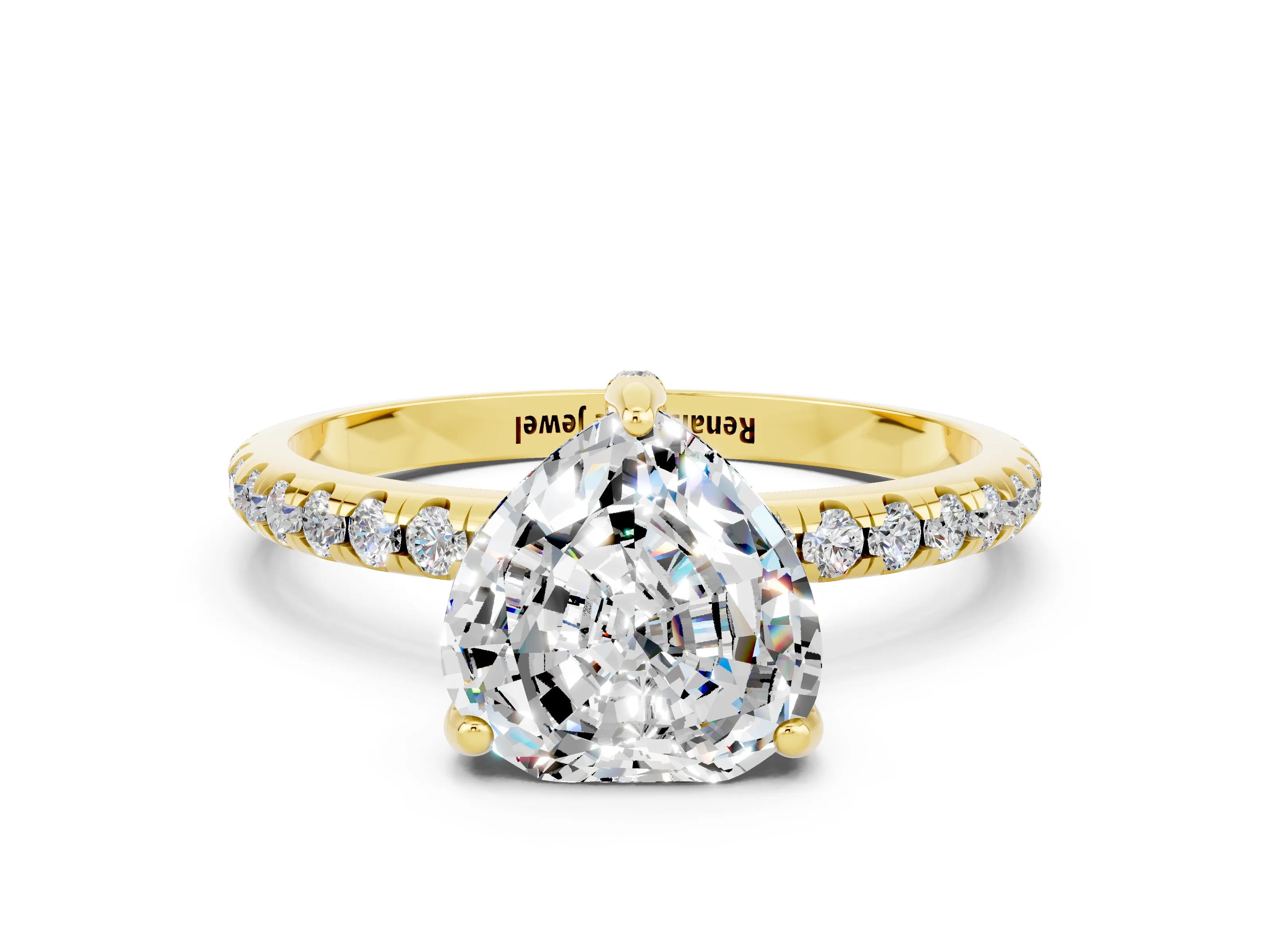 Yellow gold Heart Cut Diamond Solitaire Ring with Four-Prong Setting and Pavé Band