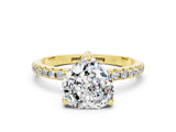 Yellow gold Heart Cut Diamond Solitaire Ring with Four-Prong Setting and Pavé Band
