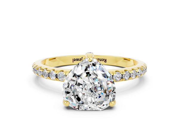 Yellow gold Heart Cut Moissanite Hidden Halo Engagement Ring with Round Pavé Band and Prong Setting