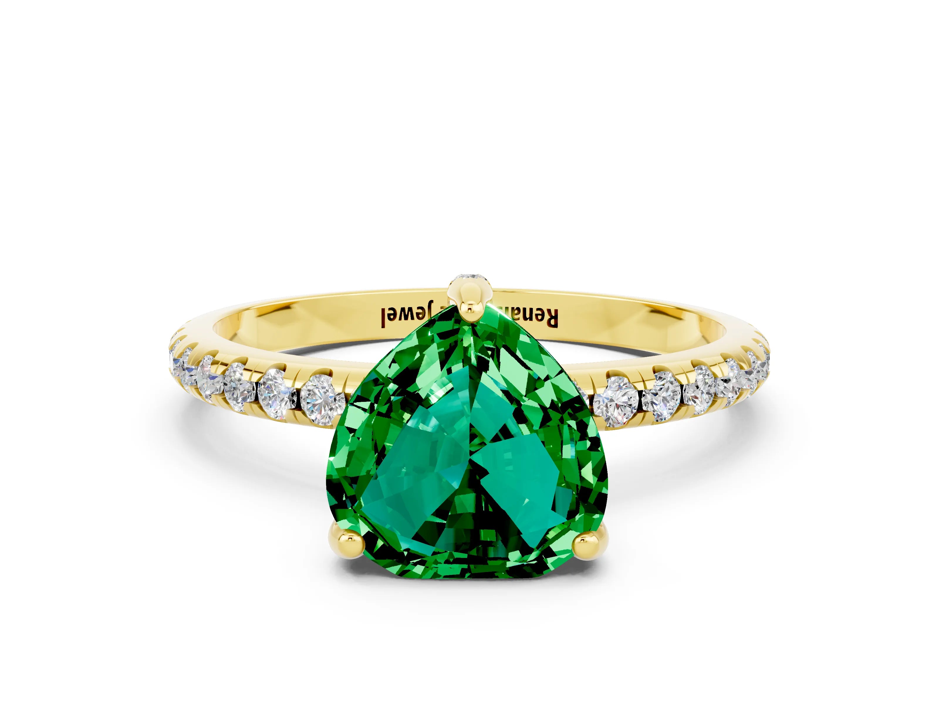 Yellow gold Heart Cut Diamond Solitaire Ring with Four-Prong Setting and Pavé Band