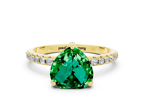 Yellow gold Heart Cut Emerald Hidden Halo Engagement Ring with Round Pavé Band and Prong Setting