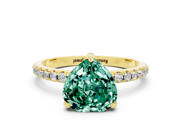 Yellow gold Heart Cut Green Sapphire Hidden Halo Engagement Ring with Round Pavé Band and Prong Setting