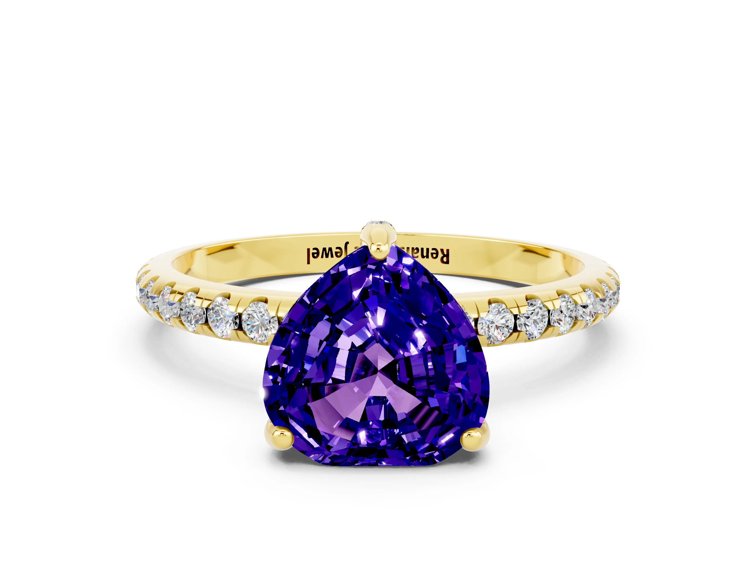Yellow gold Heart Cut Diamond Solitaire Ring with Four-Prong Setting and Pavé Band