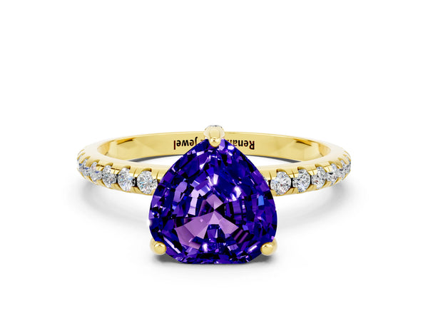 Yellow gold Heart Cut Tanzanite Hidden Halo Engagement Ring with Round Pavé Band and Prong Setting