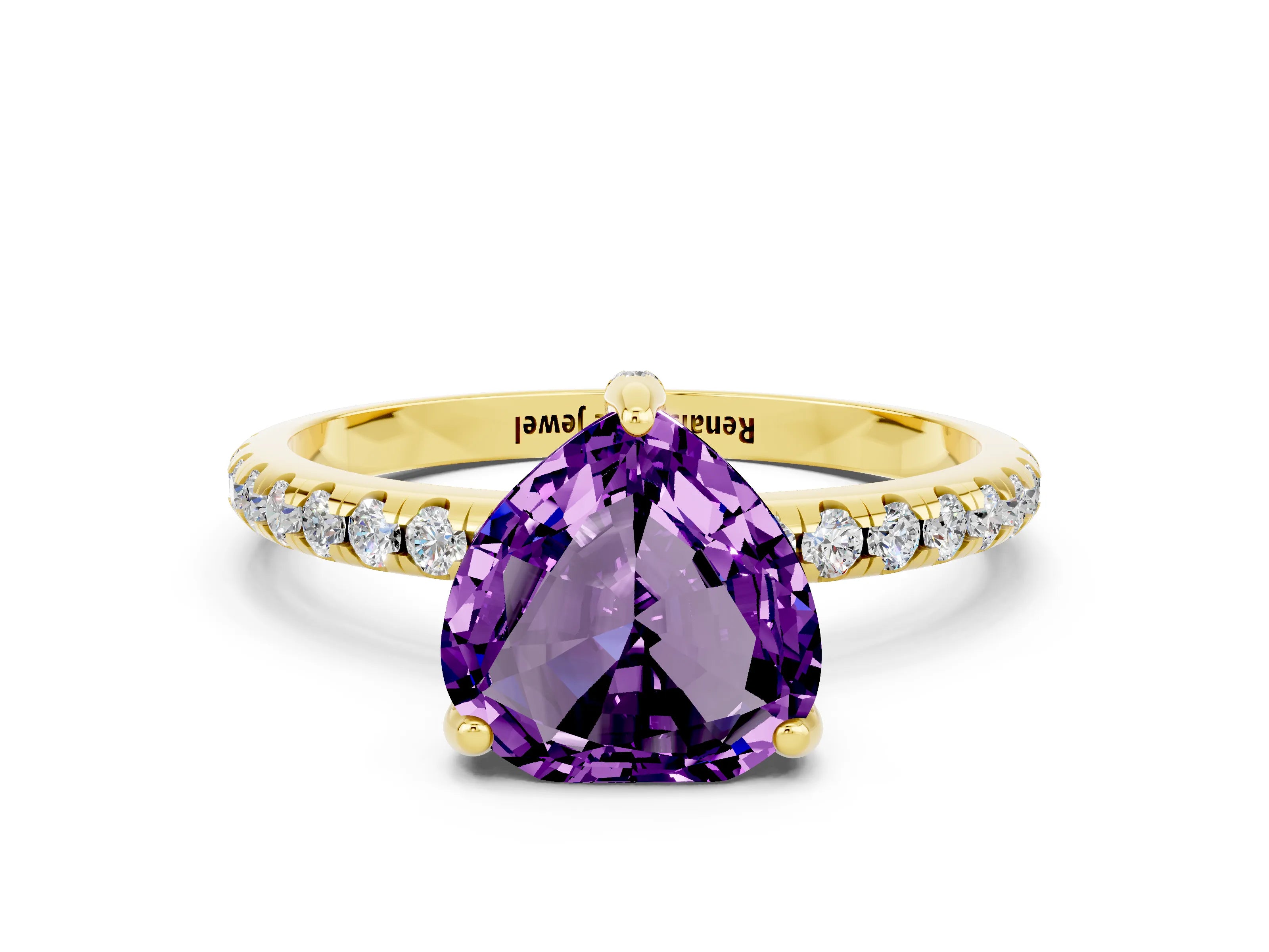 Yellow gold Heart Cut Diamond Solitaire Ring with Four-Prong Setting and Pavé Band