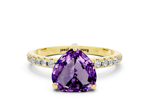 Yellow gold Heart Cut Amethyst Hidden Halo Engagement Ring with Round Pavé Band and Prong Setting