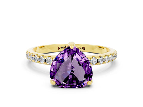 Yellow gold Heart Cut Diamond Solitaire Ring with Four-Prong Setting and Pavé Band