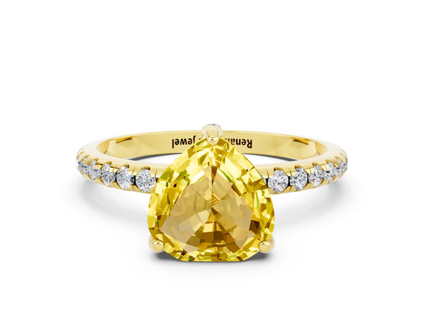 Yellow gold Heart Cut Yellow Sapphire Hidden Halo Engagement Ring with Round Pavé Band and Prong Setting