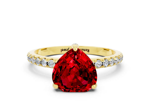Yellow gold Heart Cut Diamond Solitaire Ring with Four-Prong Setting and Pavé Band