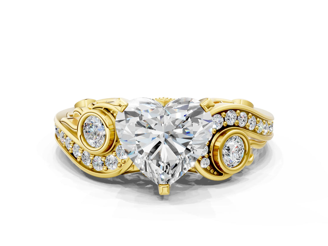 Yellow gold Heart Cut Diamond Solitaire Ring with Milgrain Pavé Band and Four-Prong Setting_200