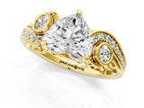 Yellow gold Heart Cut Diamond Solitaire Ring with Milgrain Pavé Band and Four-Prong Setting_201