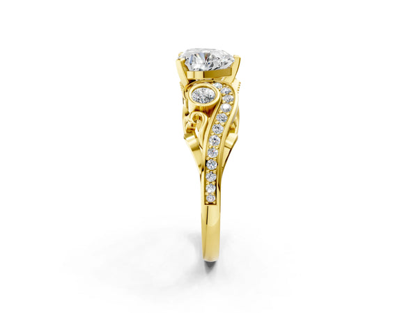 Yellow Gold Heart-Shaped Vintage Swirl Engagement Ring Setting with Bezel Side Accents