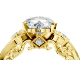Yellow gold Heart Cut Diamond Solitaire Ring with Milgrain Pavé Band and Four-Prong Setting_204